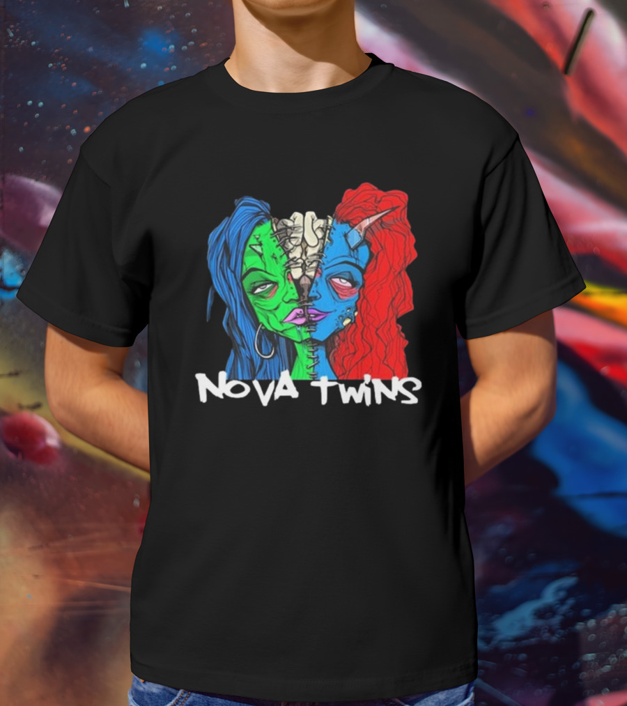 Nova Twins Monster Head Blue Green Red Hair Two-Faced Artwork T-Shirt