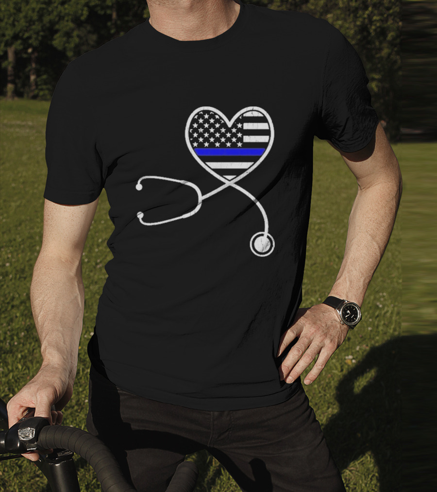 Nurse Life Police Wife American Flag Heart Stethoscope Blue Line T-Shirt