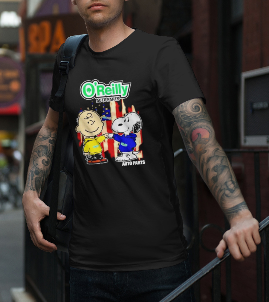 O’Reilly Auto Parts Charlie Brown Snoopy American Flag T-Shirt
