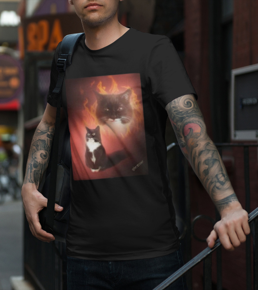 Olan Meows Black And White Cat Flames Retro Theme T-Shirt