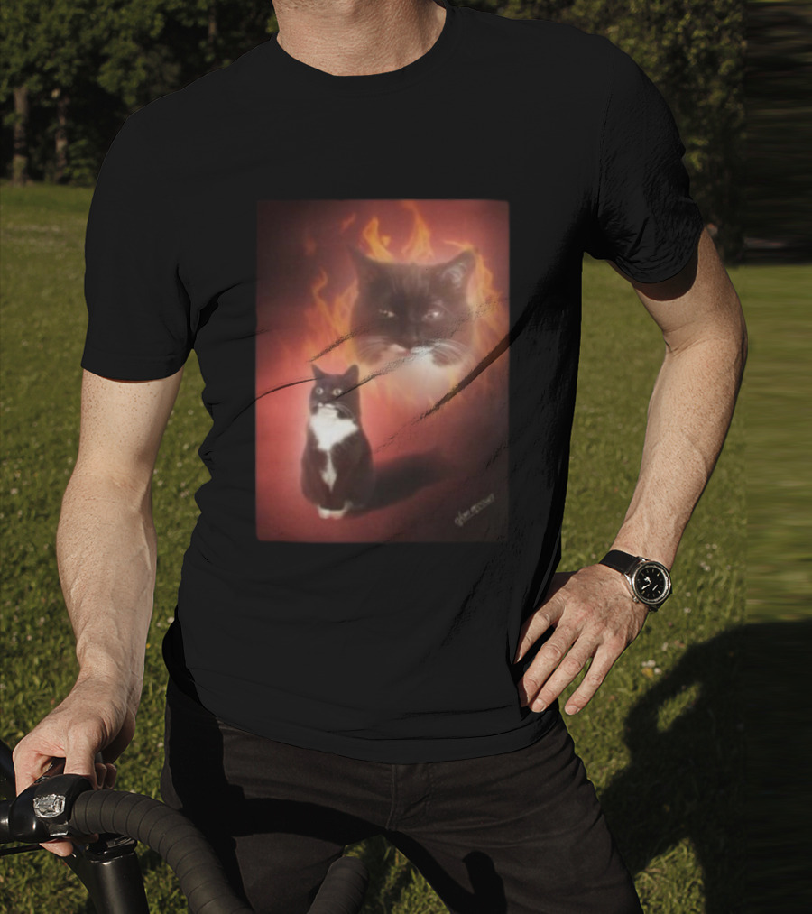 Olan Meows Black And White Cat Flames Retro Theme T-Shirt