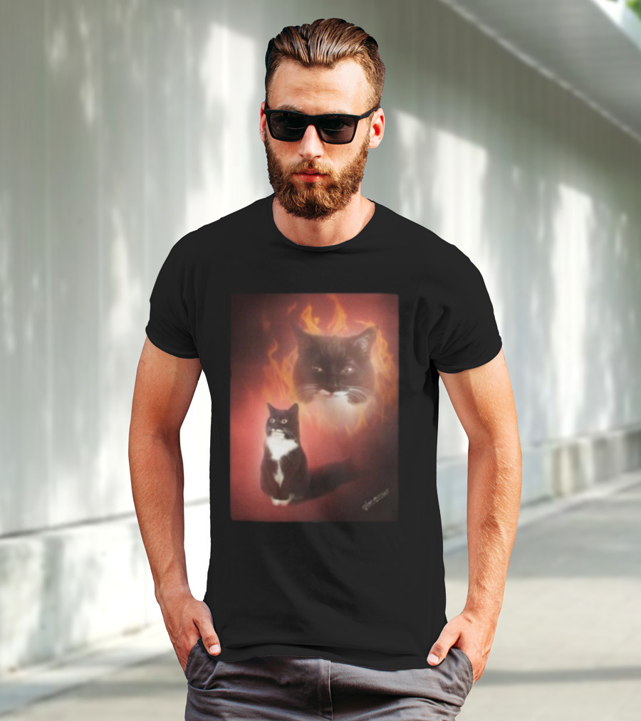 Olan Meows Black And White Cat Flames Retro Theme T-Shirt