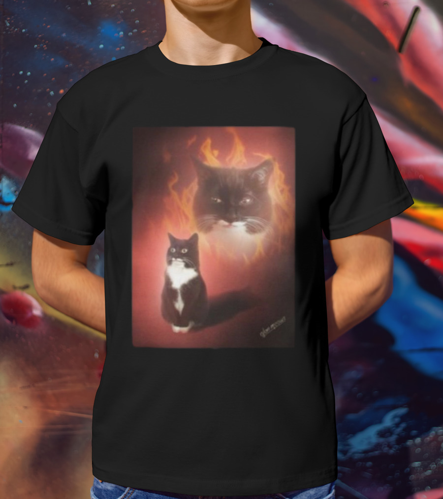 Olan Meows Black And White Cat Flames Retro Theme T-Shirt