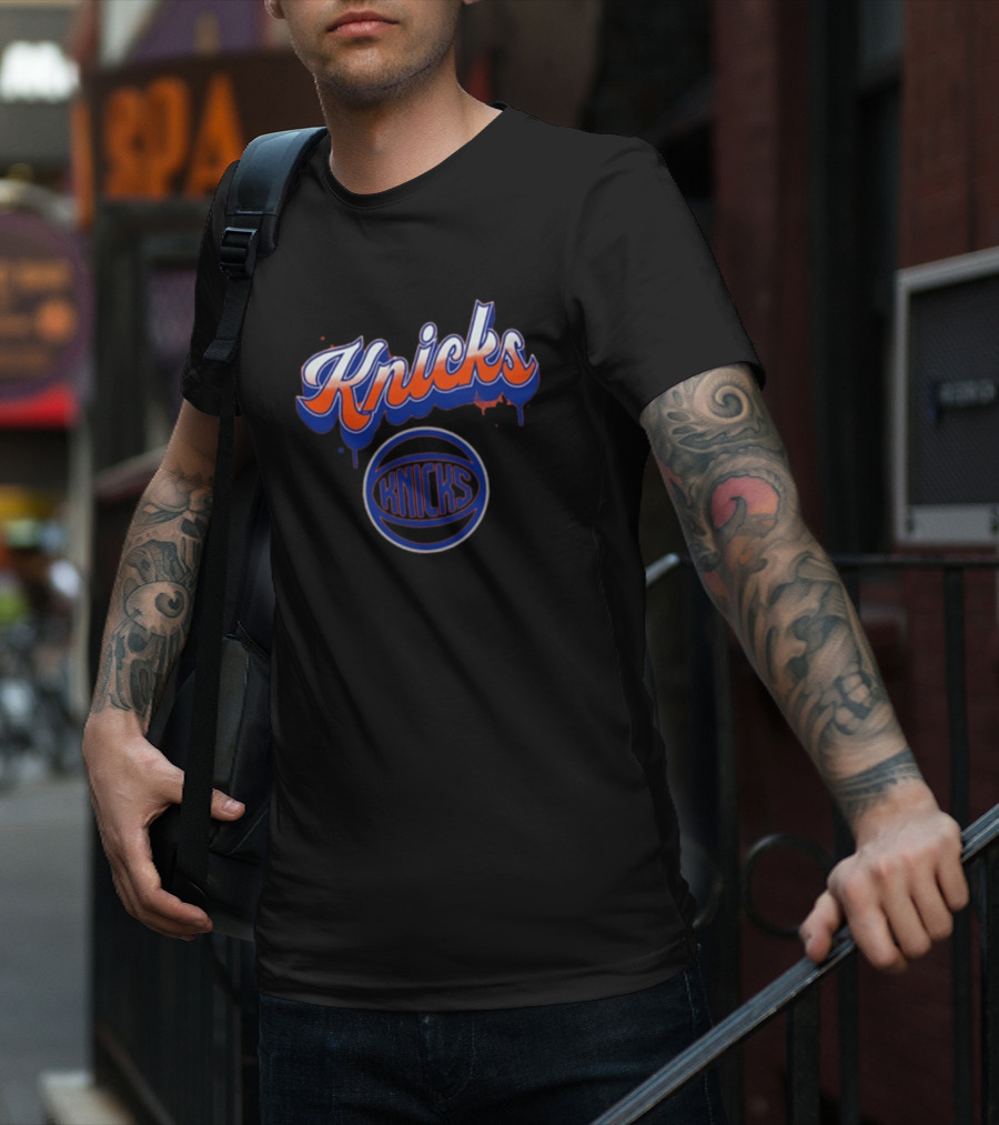 New York Knicks Orange Blue Bubbly Script Basketball Emblem T-Shirt