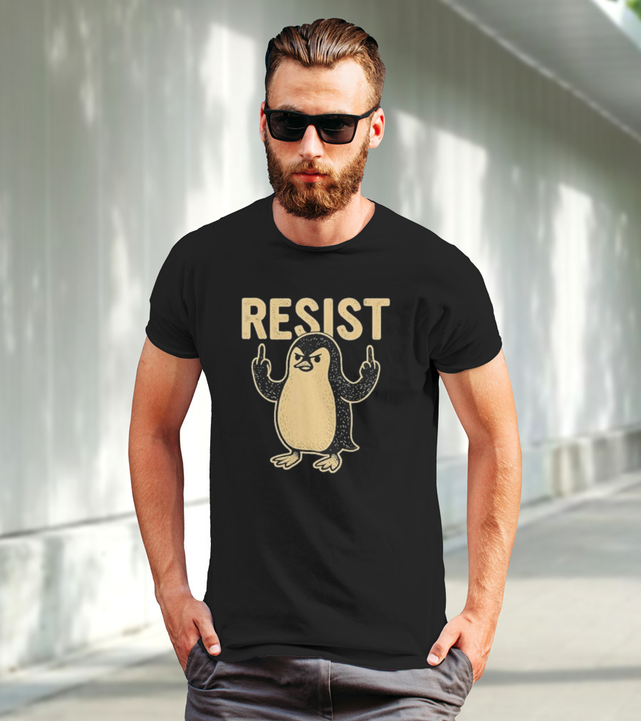 Resist Penguin Middle Finger Protest Symbol T-Shirt