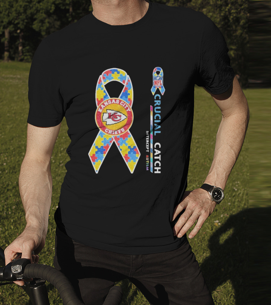 Kansas City Chiefs NFL Puzzle Ribbon Autism Awareness Crucial Catch T-Shirt