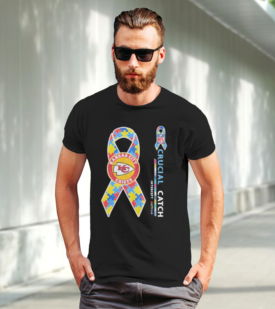 Kansas City Chiefs NFL Puzzle Ribbon Autism Awareness Crucial Catch T-Shirt