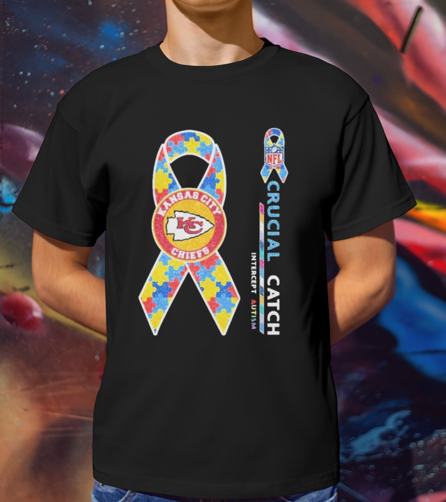Kansas City Chiefs NFL Puzzle Ribbon Autism Awareness Crucial Catch T-Shirt
