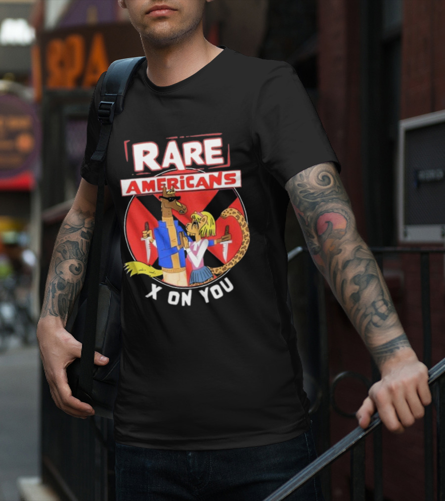 Rare Americans X On You Two Characters Holding Knives Circular Badge T-Shirt