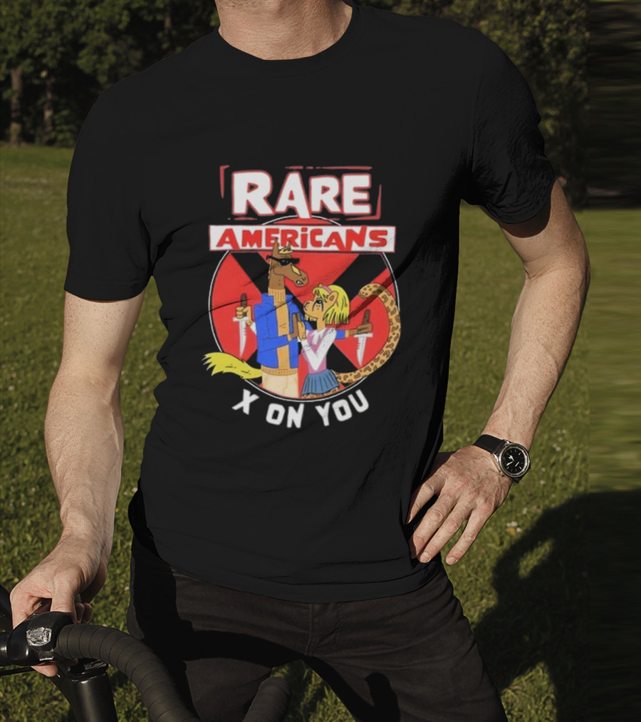 Rare Americans X On You Two Characters Holding Knives Circular Badge T-Shirt
