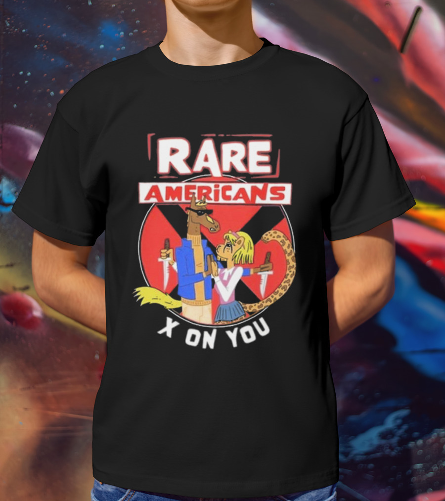 Rare Americans X On You Two Characters Holding Knives Circular Badge T-Shirt