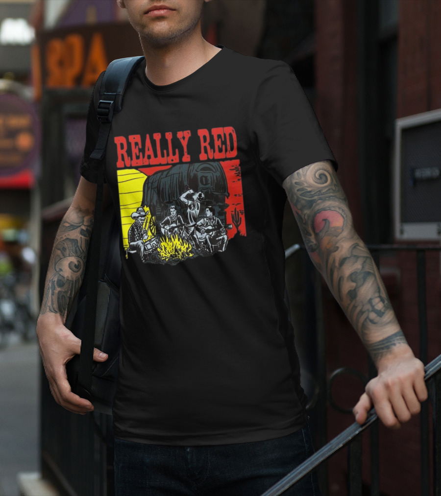 Really Red Cow Punks Campfire Scene With Musical Cowboys And Wagon T-Shirt