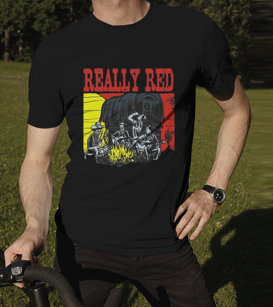 Really Red Cow Punks Campfire Scene With Musical Cowboys And Wagon T-Shirt