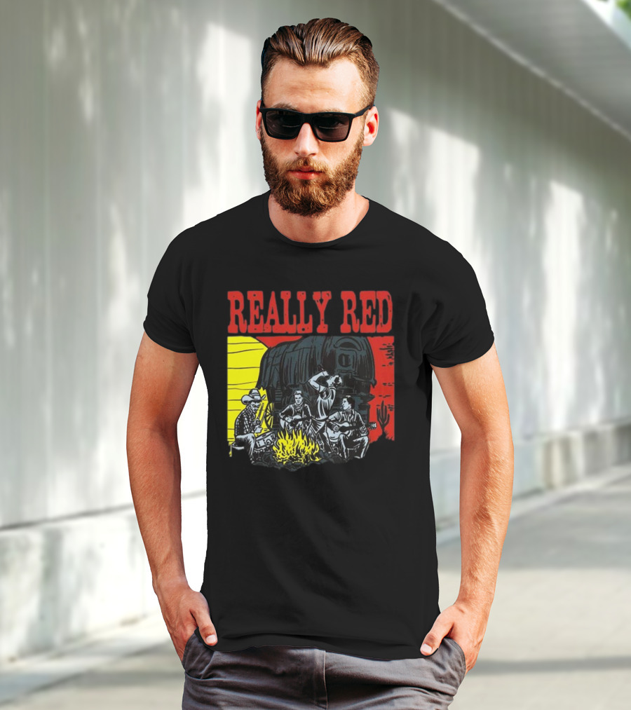 Really Red Cow Punks Campfire Scene With Musical Cowboys And Wagon T-Shirt