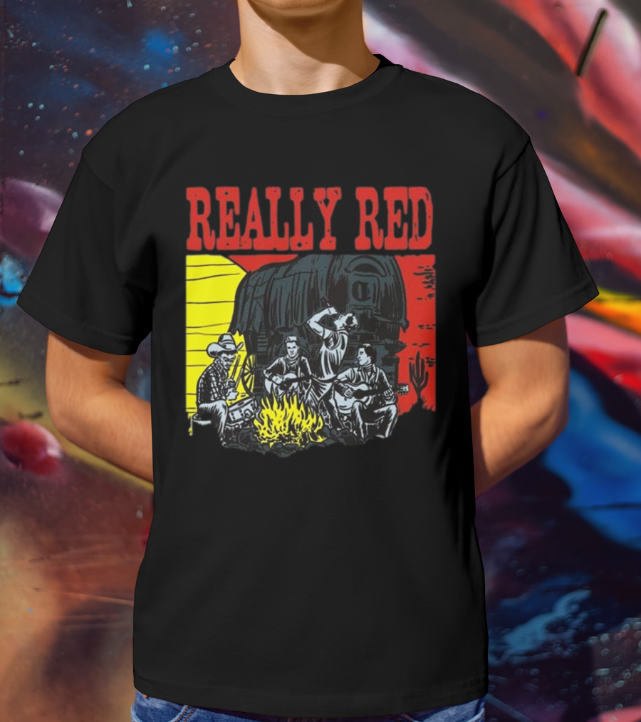 Really Red Cow Punks Campfire Scene With Musical Cowboys And Wagon T-Shirt