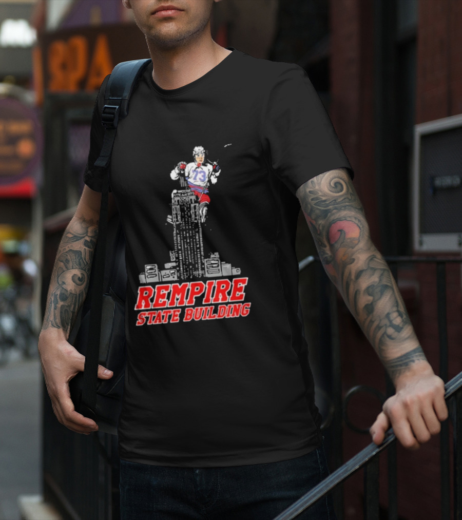 Rempire State Building Red And Blue Hockey Player Skyscraper Concept T-Shirt