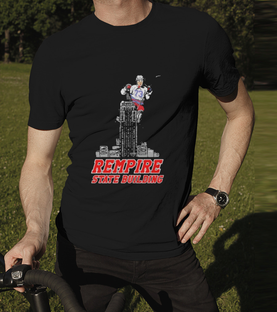 Rempire State Building Red And Blue Hockey Player Skyscraper Concept T-Shirt