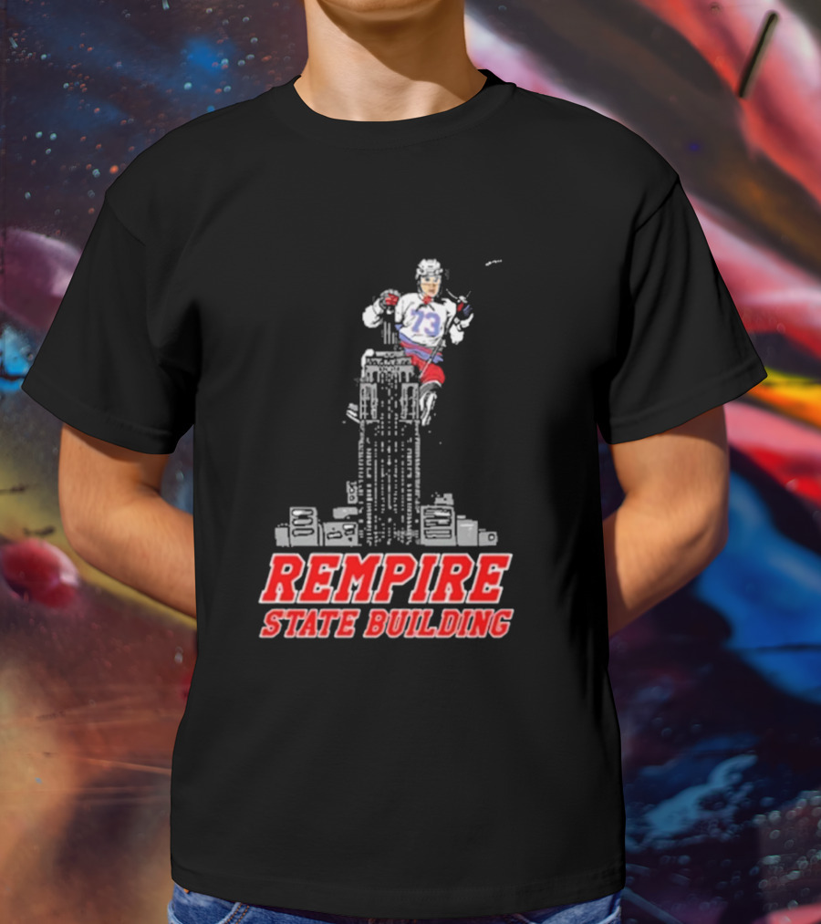 Rempire State Building Red And Blue Hockey Player Skyscraper Concept T-Shirt