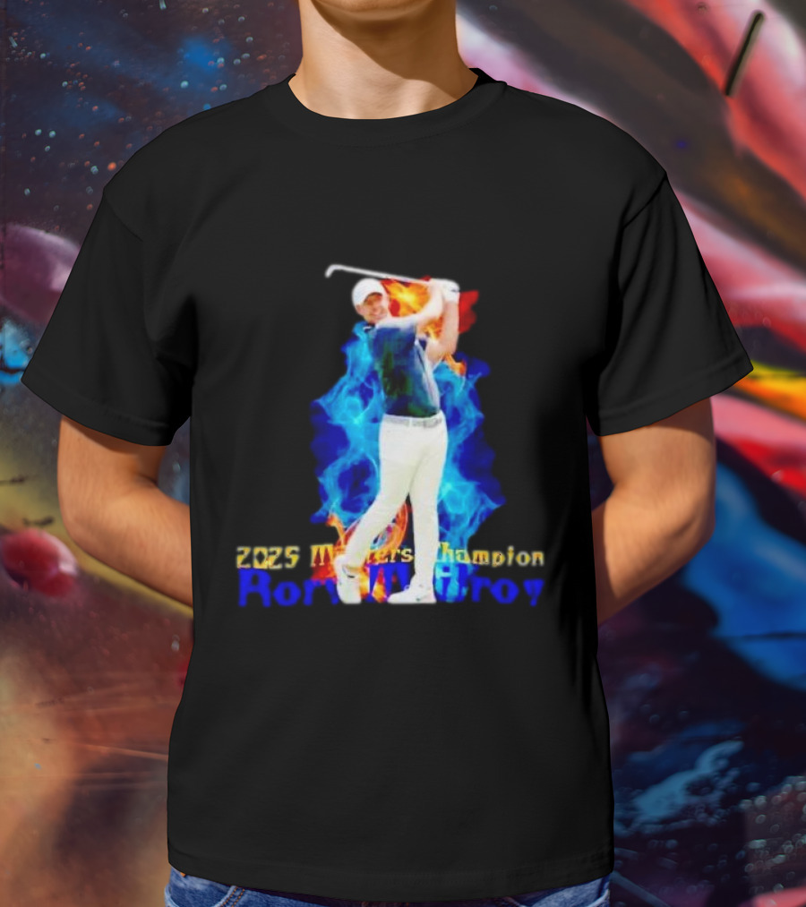 Rory McIlroy 2025 Masters Champion Golf Swing With Fire And Blue Flame Background T-Shirt