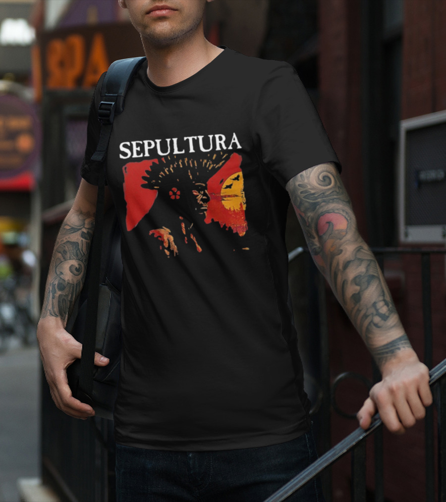 Sepultura Celebrating Life Through Death Black Sunburst And Sunset Scene T-Shirt