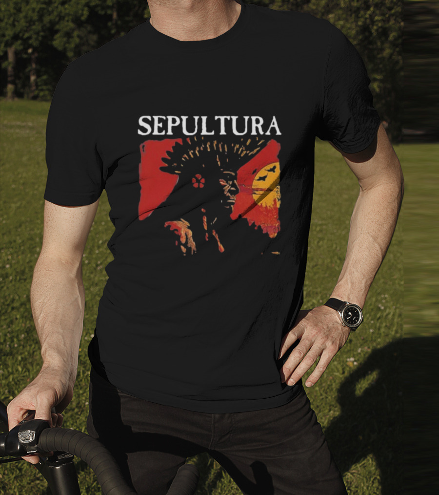 Sepultura Celebrating Life Through Death Black Sunburst And Sunset Scene T-Shirt