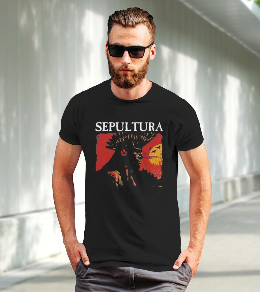 Sepultura Celebrating Life Through Death Black Sunburst And Sunset Scene T-Shirt