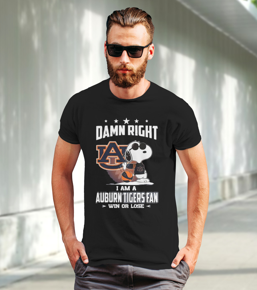 Damn Right I Am A Auburn Tigers Fan Win Or Lose Snoopy Auburn Logo T-Shirt