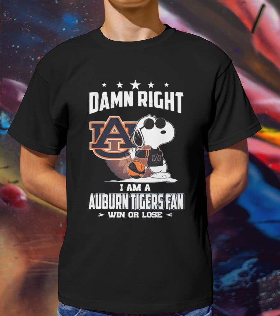 Damn Right I Am A Auburn Tigers Fan Win Or Lose Snoopy Auburn Logo T-Shirt