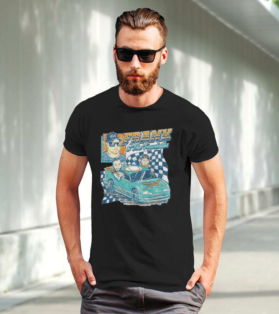 Frank And The Frankettes Racing Car Adventure With Checkered Flags And Cartoon Characters T-Shirt
