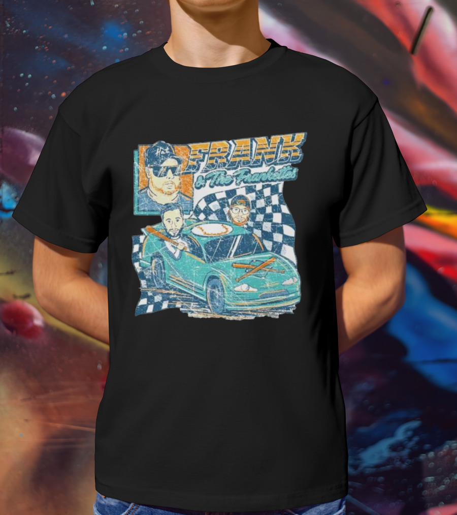 Frank And The Frankettes Racing Car Adventure With Checkered Flags And Cartoon Characters T-Shirt