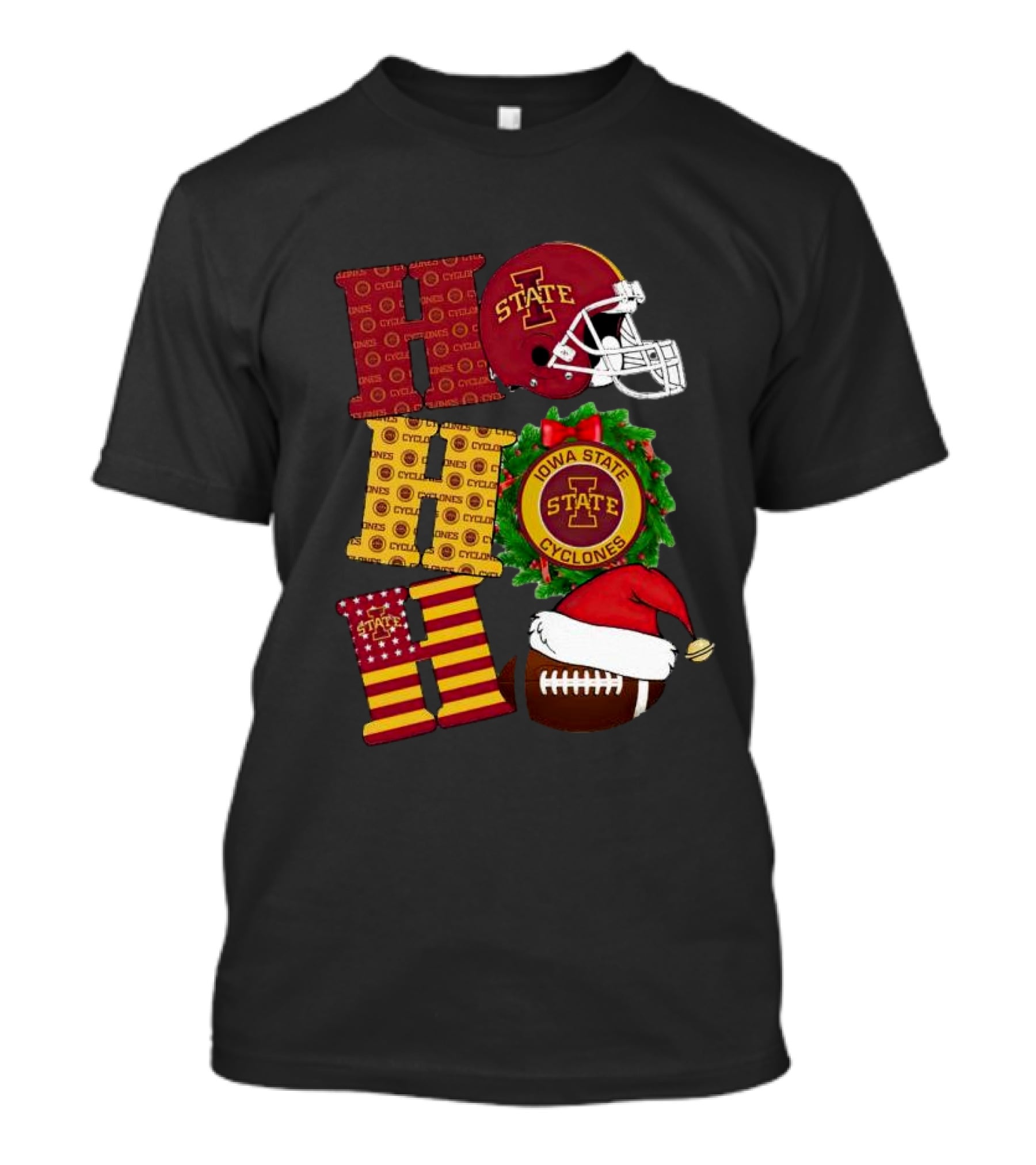 Iowa State Cyclones Christmas Football Helmet And Wreath Ho Ho Ho T-Shirt