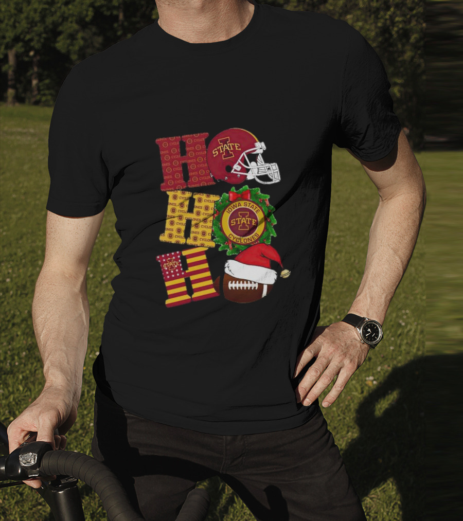 Iowa State Cyclones Christmas Football Helmet And Wreath Ho Ho Ho T-Shirt