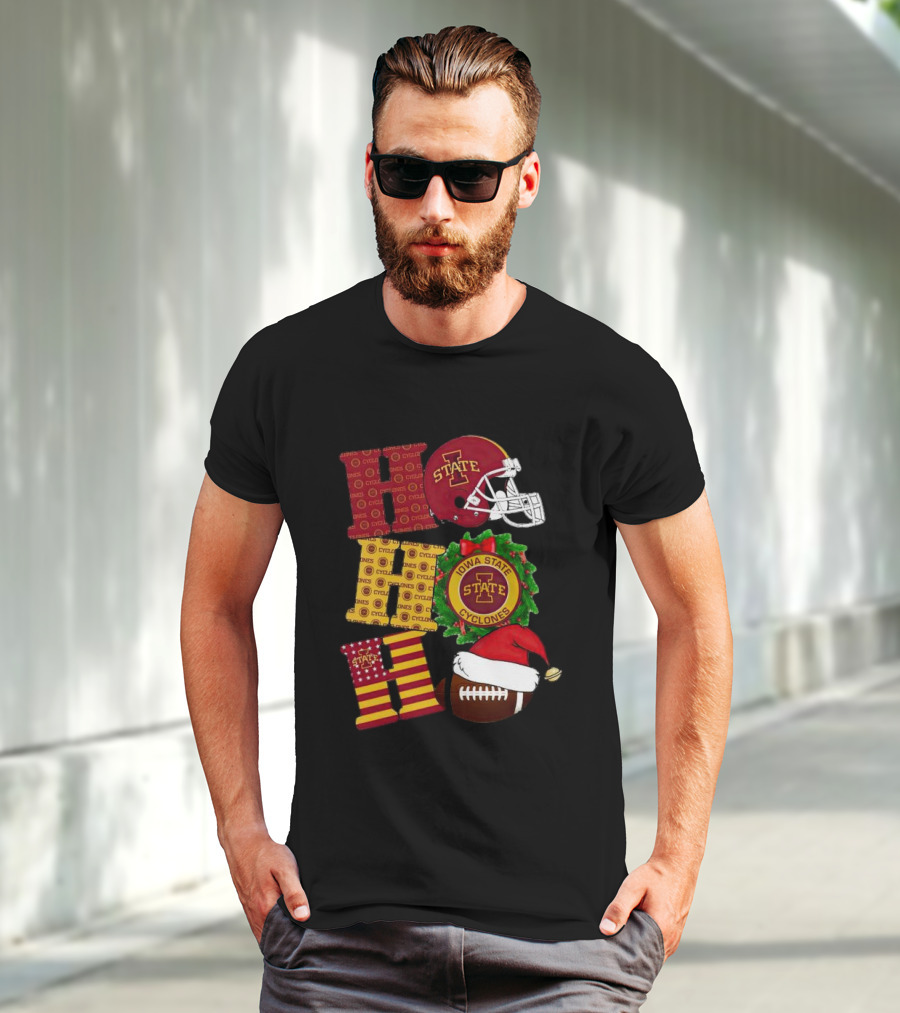 Iowa State Cyclones Christmas Football Helmet And Wreath Ho Ho Ho T-Shirt