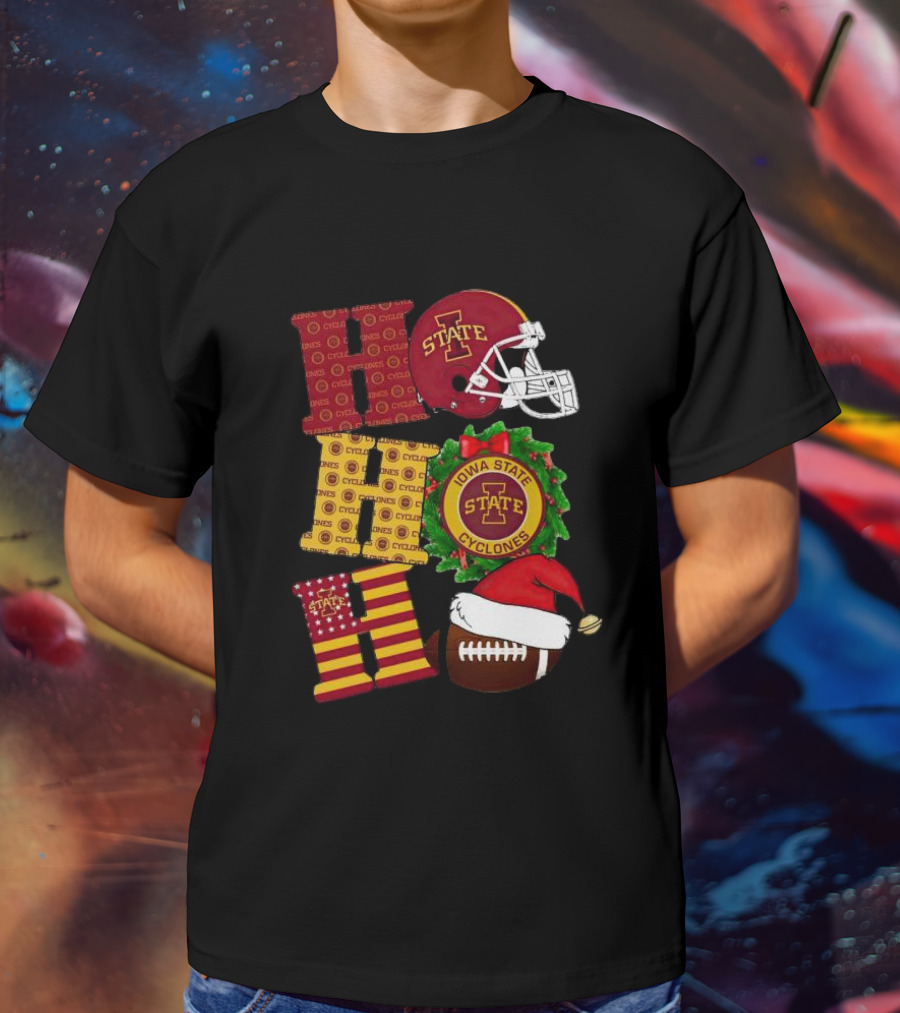 Iowa State Cyclones Christmas Football Helmet And Wreath Ho Ho Ho T-Shirt