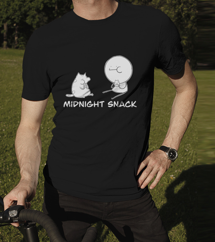 MIDNIGHT SNACK Cat And Stick Figure Eating Pizza T-Shirt