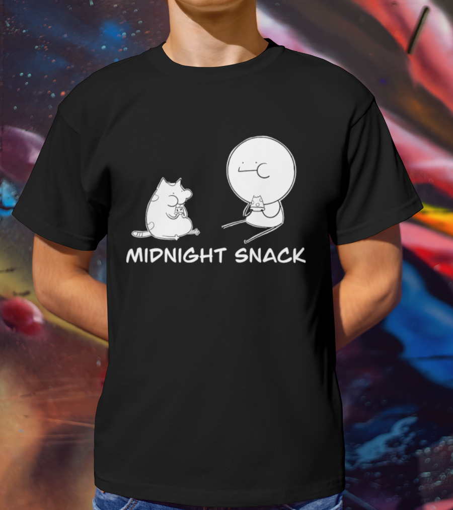 MIDNIGHT SNACK Cat And Stick Figure Eating Pizza T-Shirt