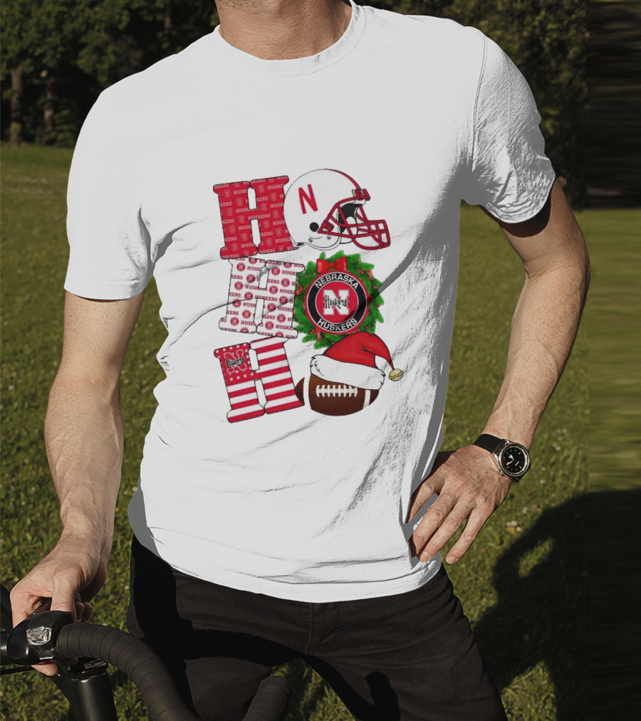 Nebraska Cornhuskers Ho Ho Ho Christmas Football Helmet Wreath Santa Hat Football T-Shirt