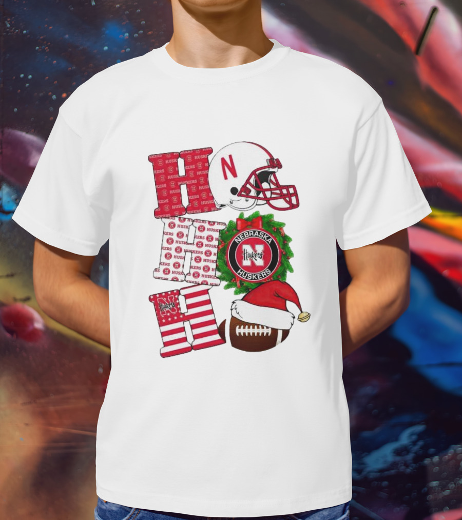 Nebraska Cornhuskers Ho Ho Ho Christmas Football Helmet Wreath Santa Hat Football T-Shirt