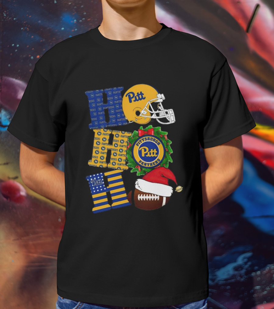 Pitt Panthers Christmas Helmet Wreath Football Ho Ho Ho T-Shirt