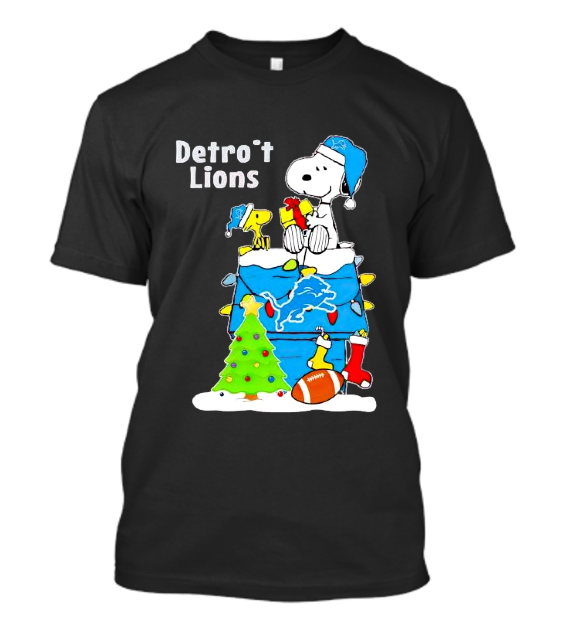 Snoopy And Woodstock Detroit Lions Christmas Igloo With Football And Tree T-Shirt