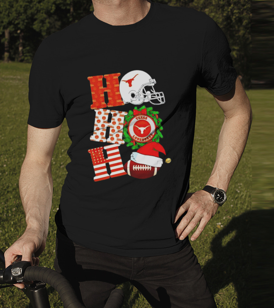 Texas Longhorns Ho Ho Ho Christmas Football Helmet Wreath Santa Hat T-Shirt