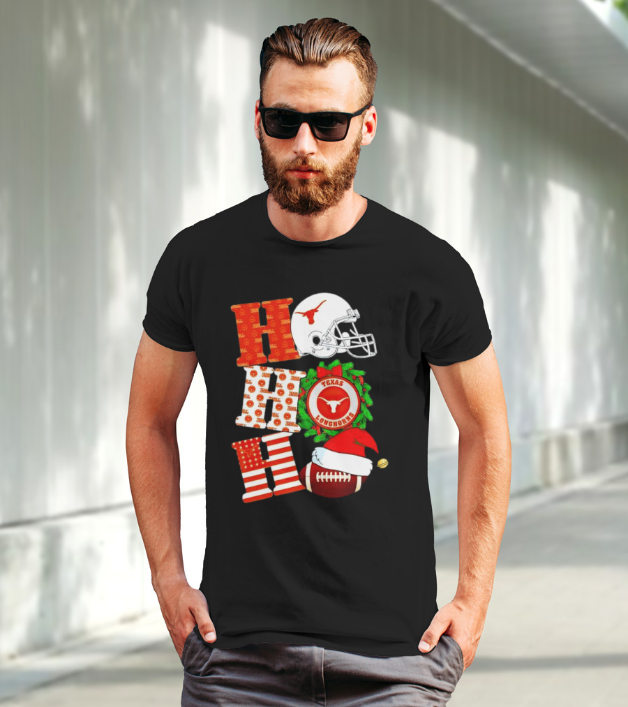 Texas Longhorns Ho Ho Ho Christmas Football Helmet Wreath Santa Hat T-Shirt