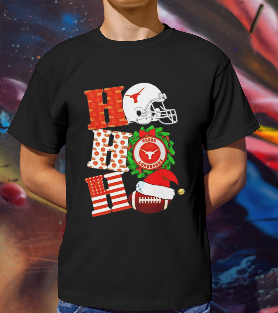 Texas Longhorns Ho Ho Ho Christmas Football Helmet Wreath Santa Hat T-Shirt