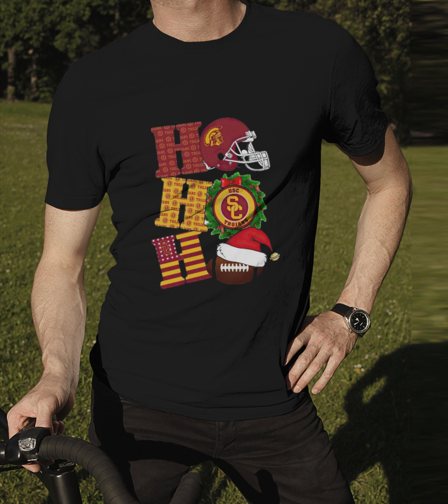 USC Trojans Ho Ho Ho Christmas Helmet Wreath Football Santa Hat T-Shirt
