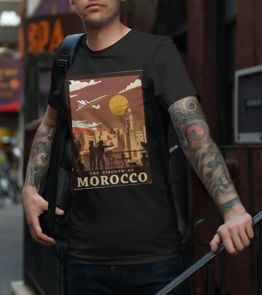 The Kingdom Of Morocco Skyline View With Airplane And Sunset Scene T-Shirt