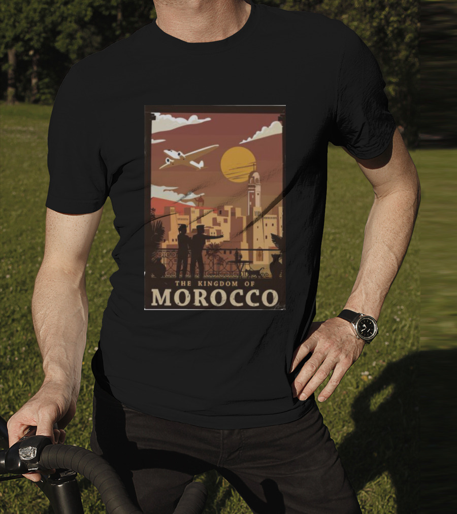 The Kingdom Of Morocco Skyline View With Airplane And Sunset Scene T-Shirt