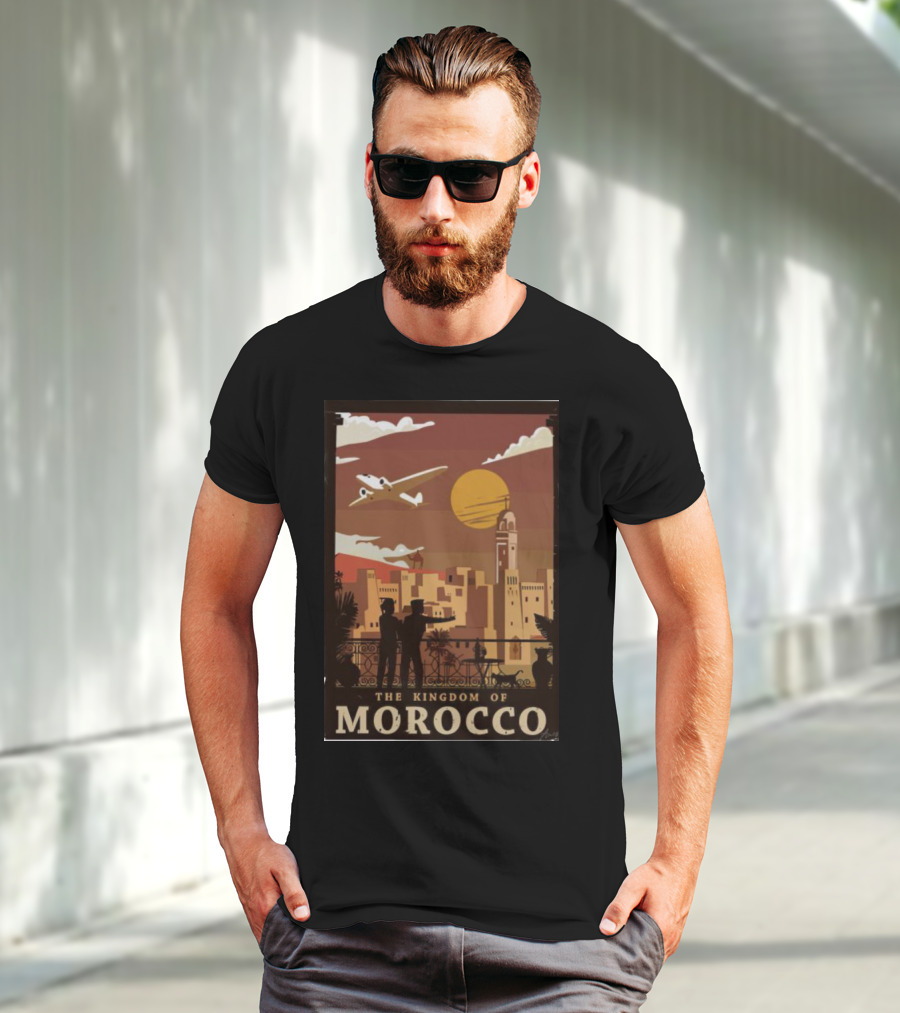 The Kingdom Of Morocco Skyline View With Airplane And Sunset Scene T-Shirt