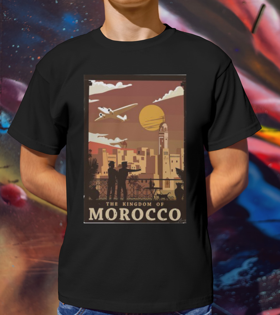 The Kingdom Of Morocco Skyline View With Airplane And Sunset Scene T-Shirt
