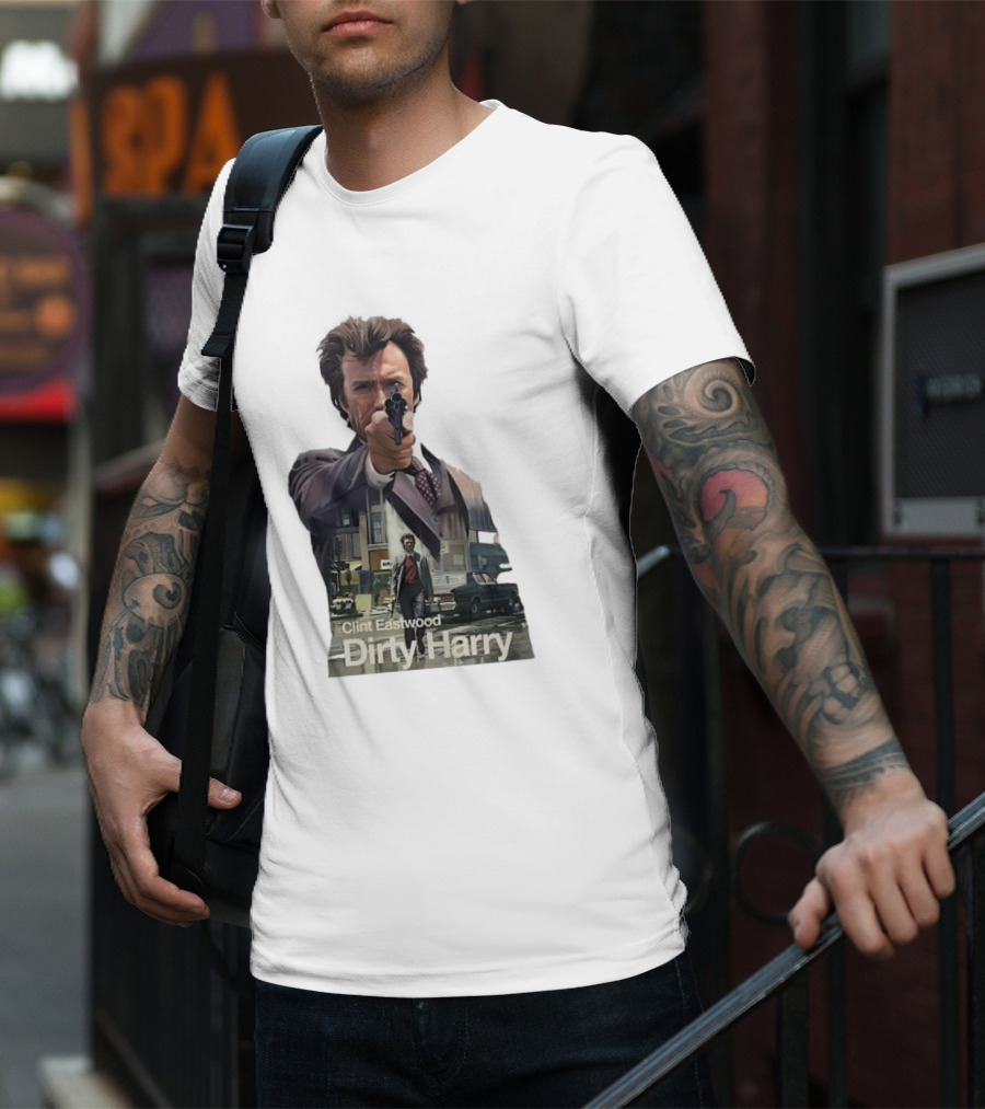 Clint Eastwood Dirty Harry Iconic Movie Scene With Gun And Urban Background T-Shirt