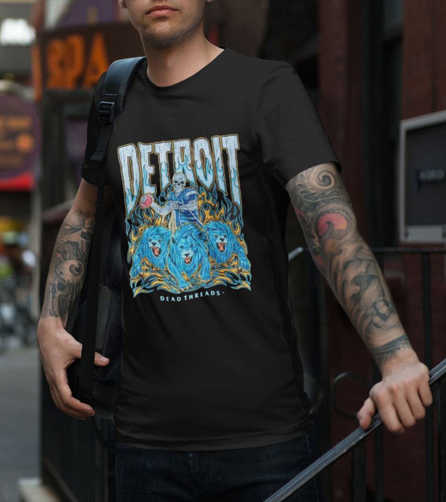 Detroit Dead Threads Football Skeleton And Blue Lions T-Shirt